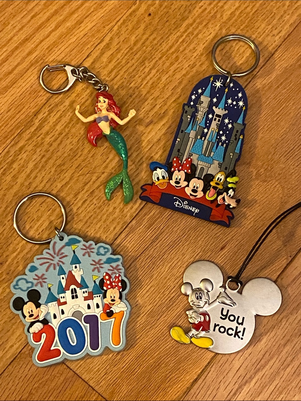 Disney Keychain Ornament Set with Blue Castle, Green Ariel & Silver Mickey